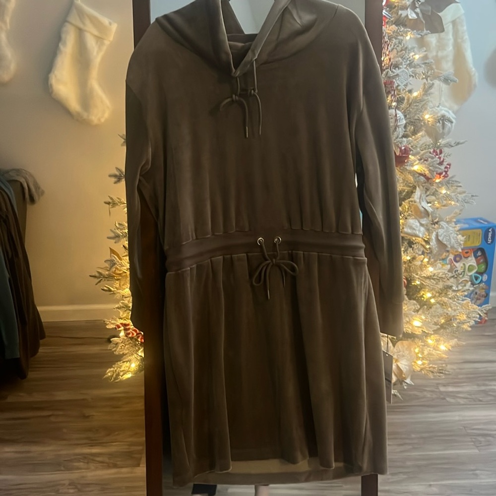 CALVIN KLEIN Stretch Tie Ribbed Drawstring Waist Cowl Neck Sweatshirt Dress